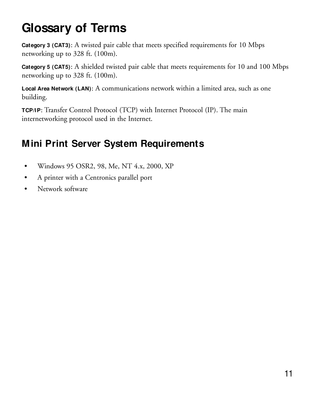 NETGEAR PS101 manual Glossary of Terms, Mini Print Server System Requirements 