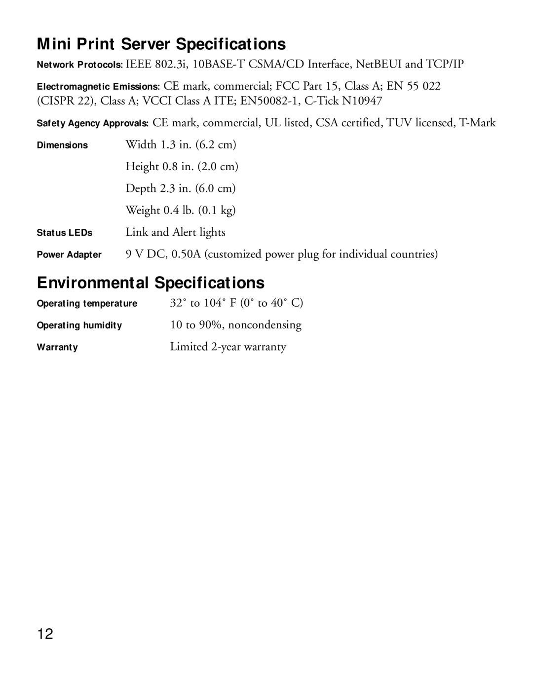 NETGEAR PS101 manual Mini Print Server Specifications, Environmental Specifications 