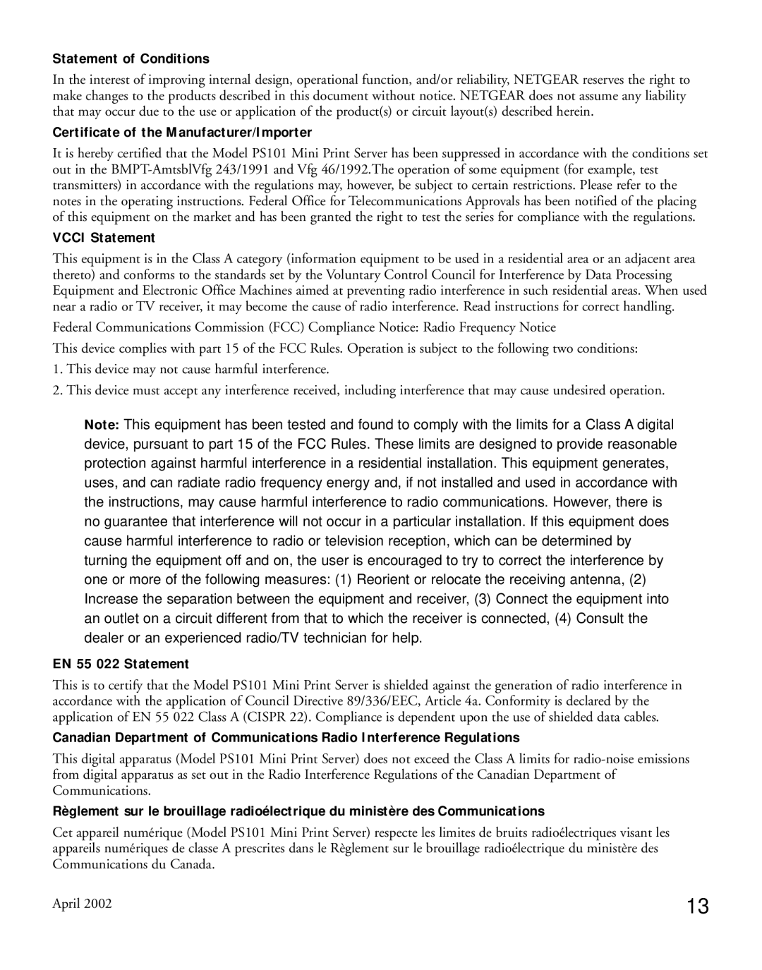 NETGEAR PS101 manual Statement of Conditions 