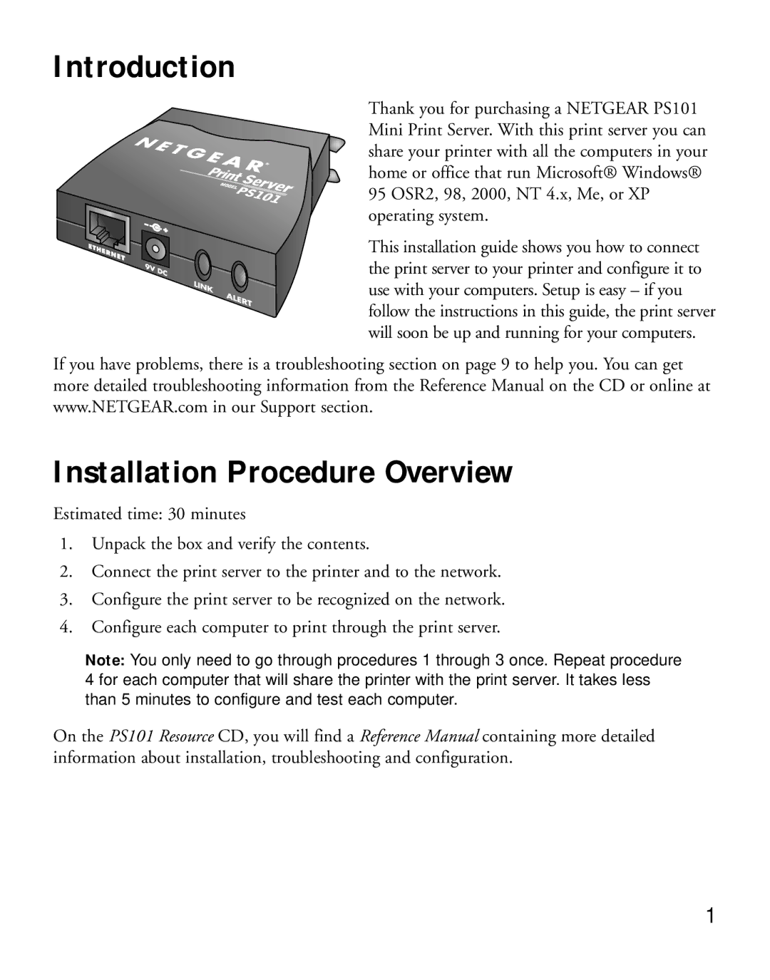 NETGEAR PS101 manual Introduction, Installation Procedure Overview 