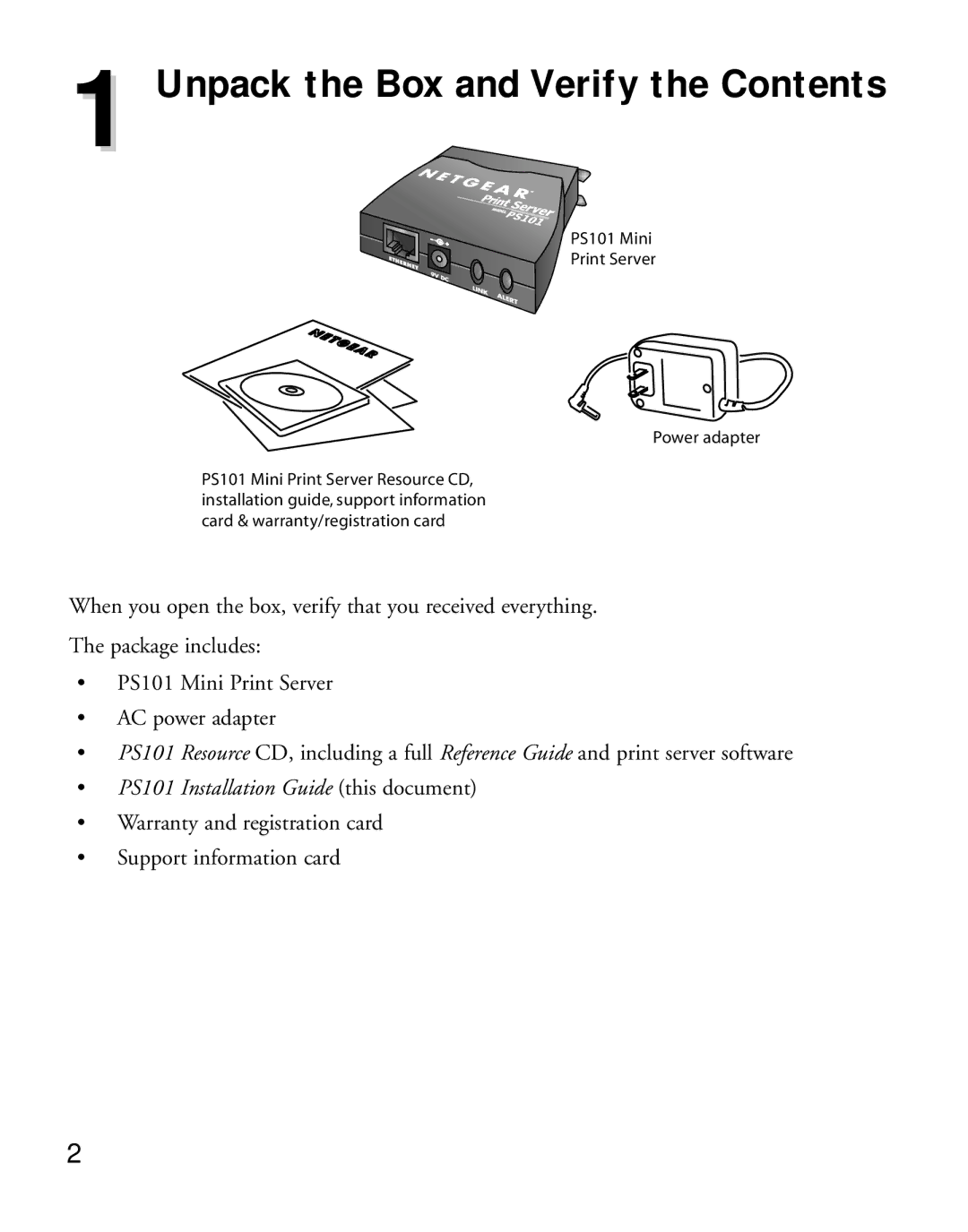 NETGEAR PS101 manual Unpack the Box and Verify the Contents 