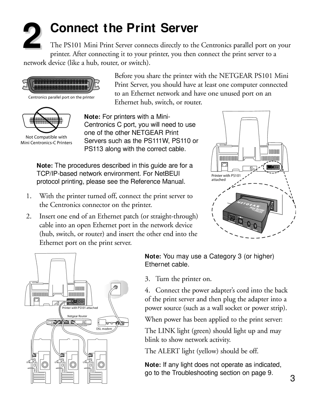 NETGEAR PS101 manual Connect the Print Server, Turn the printer on 