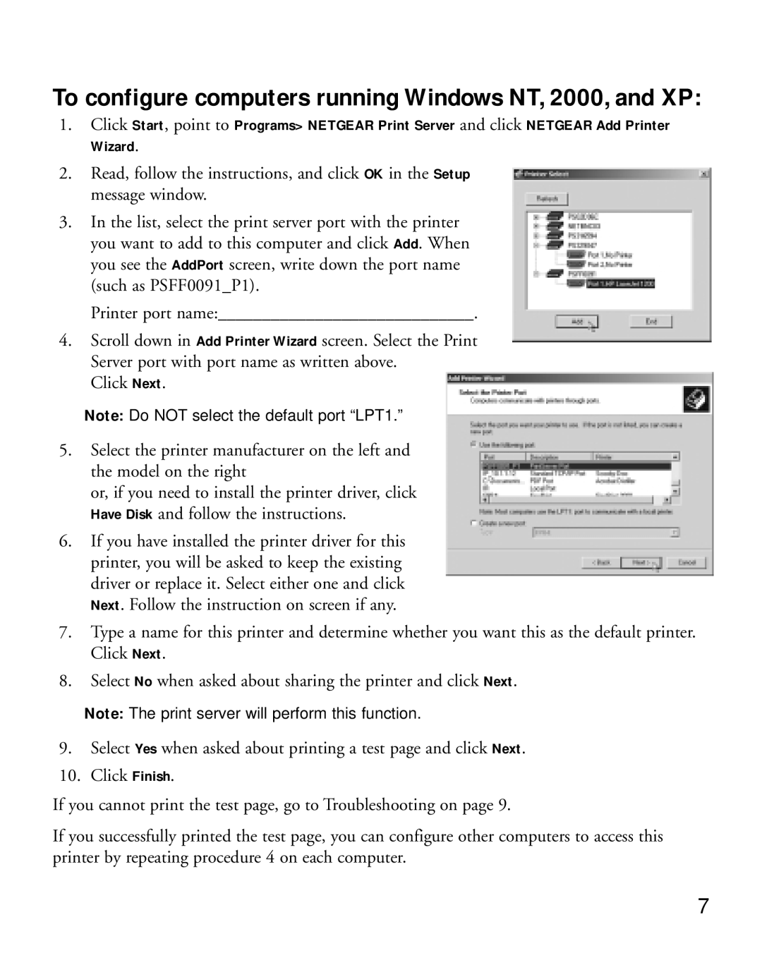 NETGEAR PS101 manual To configure computers running Windows NT, 2000, and XP 