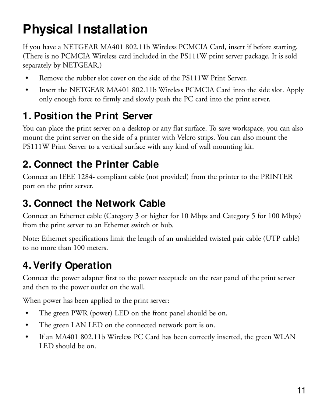 NETGEAR PS111W Physical Installation, Position the Print Server, Connect the Printer Cable, Connect the Network Cable 