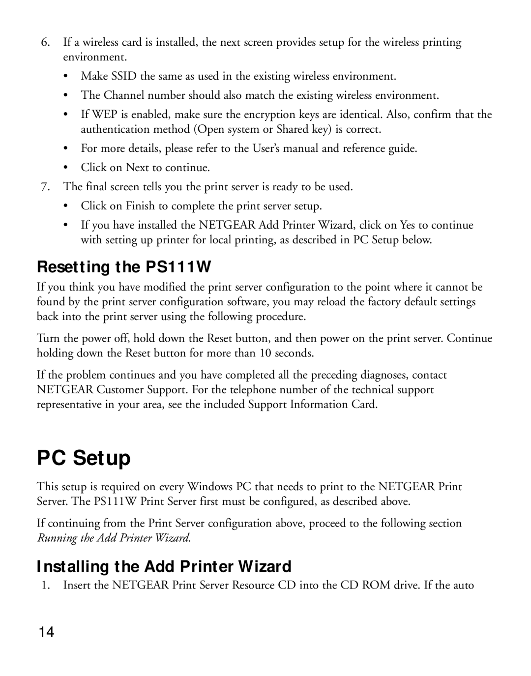 NETGEAR manual PC Setup, Resetting the PS111W, Installing the Add Printer Wizard 