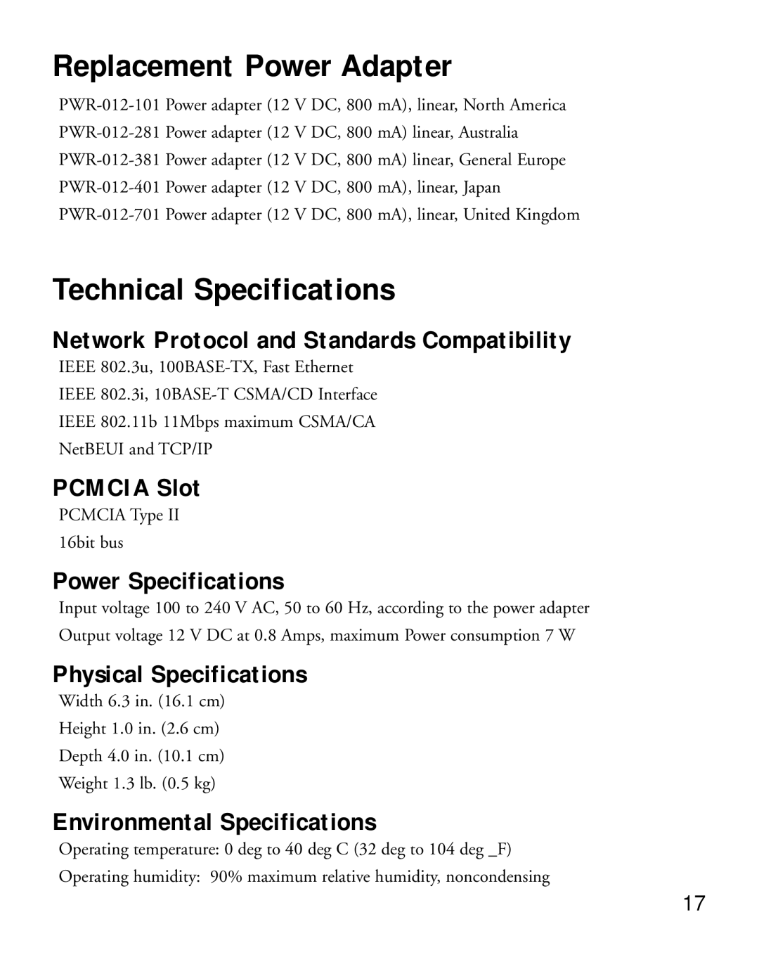 NETGEAR PS111W manual Replacement Power Adapter, Technical Specifications 