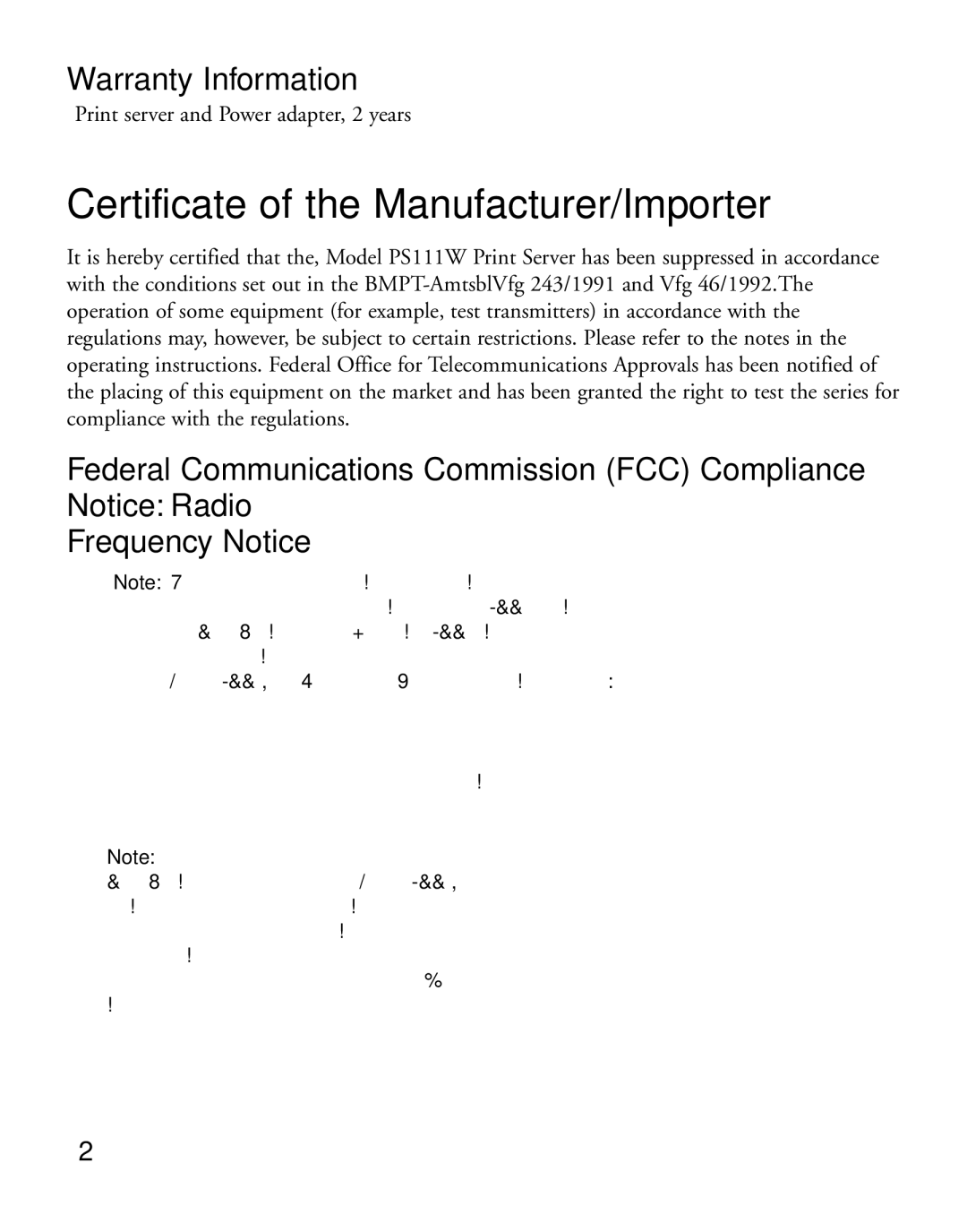 NETGEAR PS111W manual Certificate of the Manufacturer/Importer, Warranty Information 