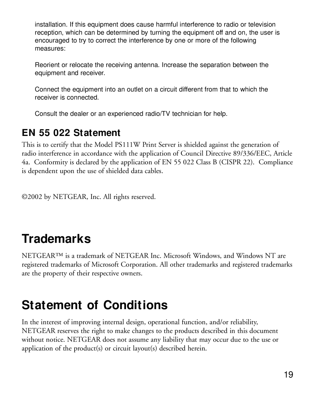 NETGEAR PS111W manual Trademarks, Statement of Conditions, EN 55 022 Statement 