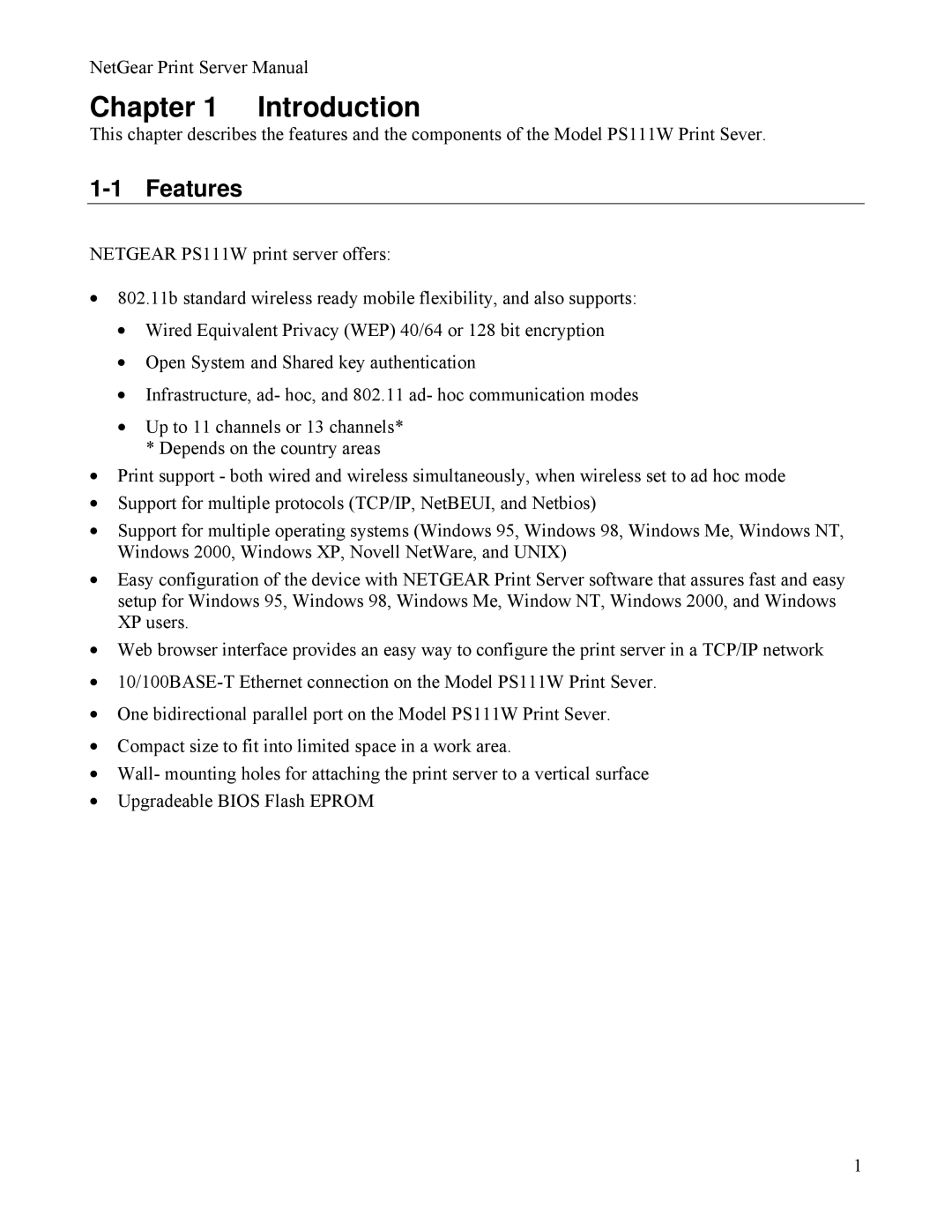 NETGEAR PS111W manual Introduction, Features 