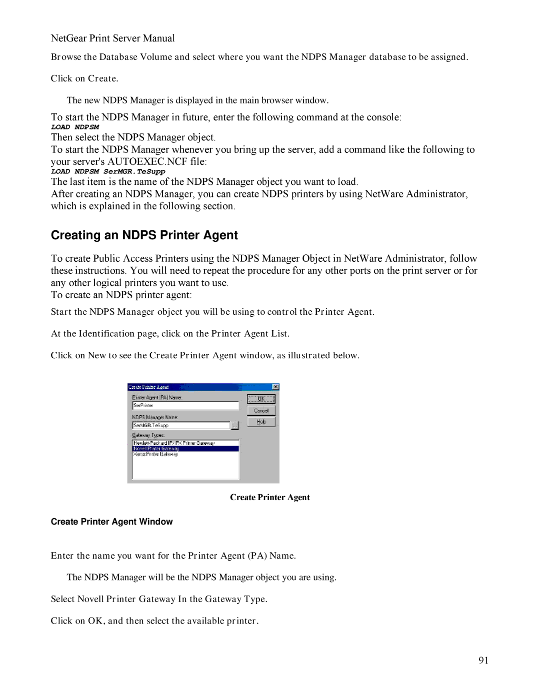 NETGEAR PS111W manual Creating an Ndps Printer Agent, Create Printer Agent Window 