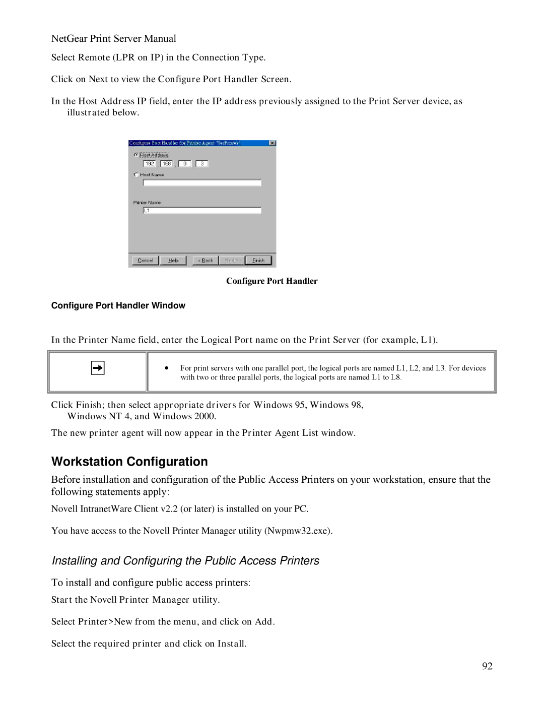 NETGEAR PS111W manual Workstation Configuration, Configure Port Handler Window 