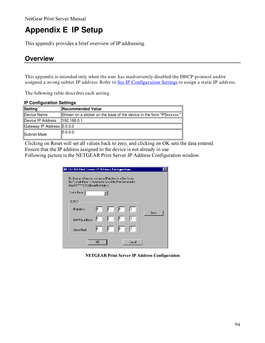 NETGEAR PS111W manual Appendix E IP Setup, IP Configuration Settings, Setting Recommended Value 