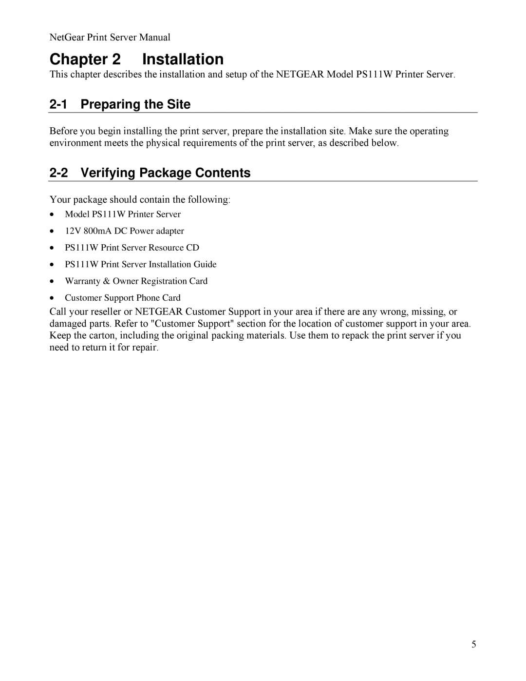 NETGEAR PS111W manual Installation, Preparing the Site, Verifying Package Contents 