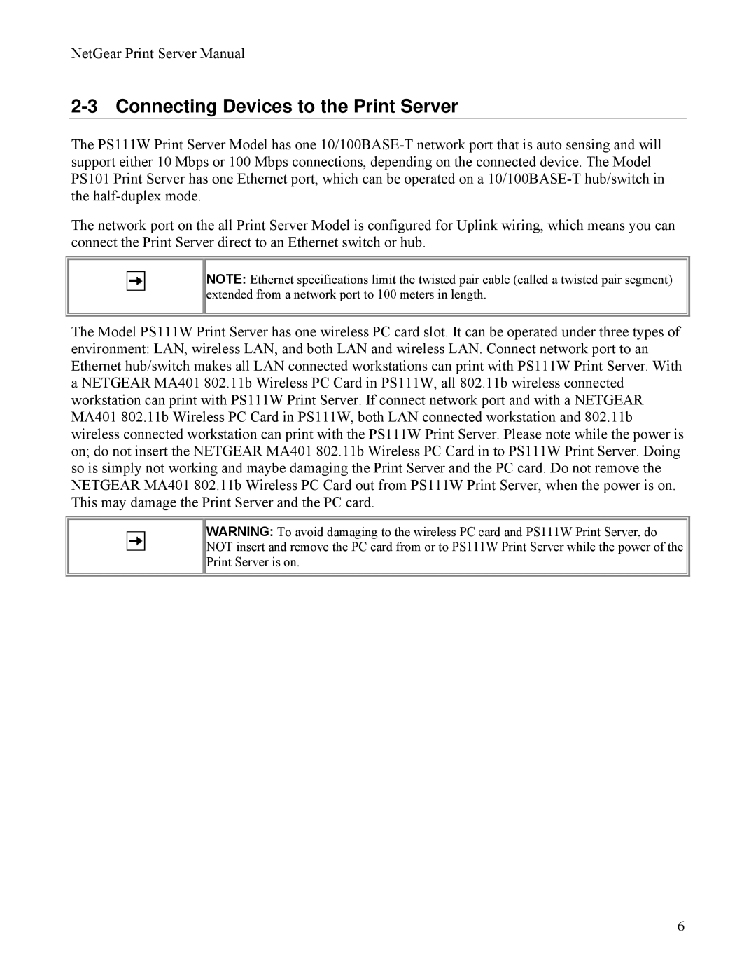 NETGEAR PS111W manual Connecting Devices to the Print Server 