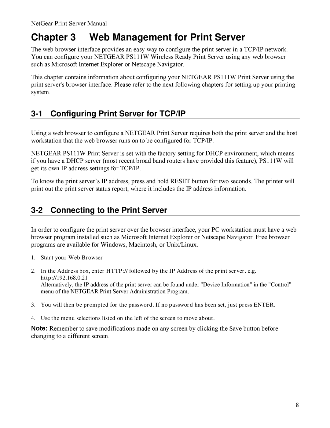 NETGEAR PS111W manual Web Management for Print Server, Configuring Print Server for TCP/IP, Connecting to the Print Server 