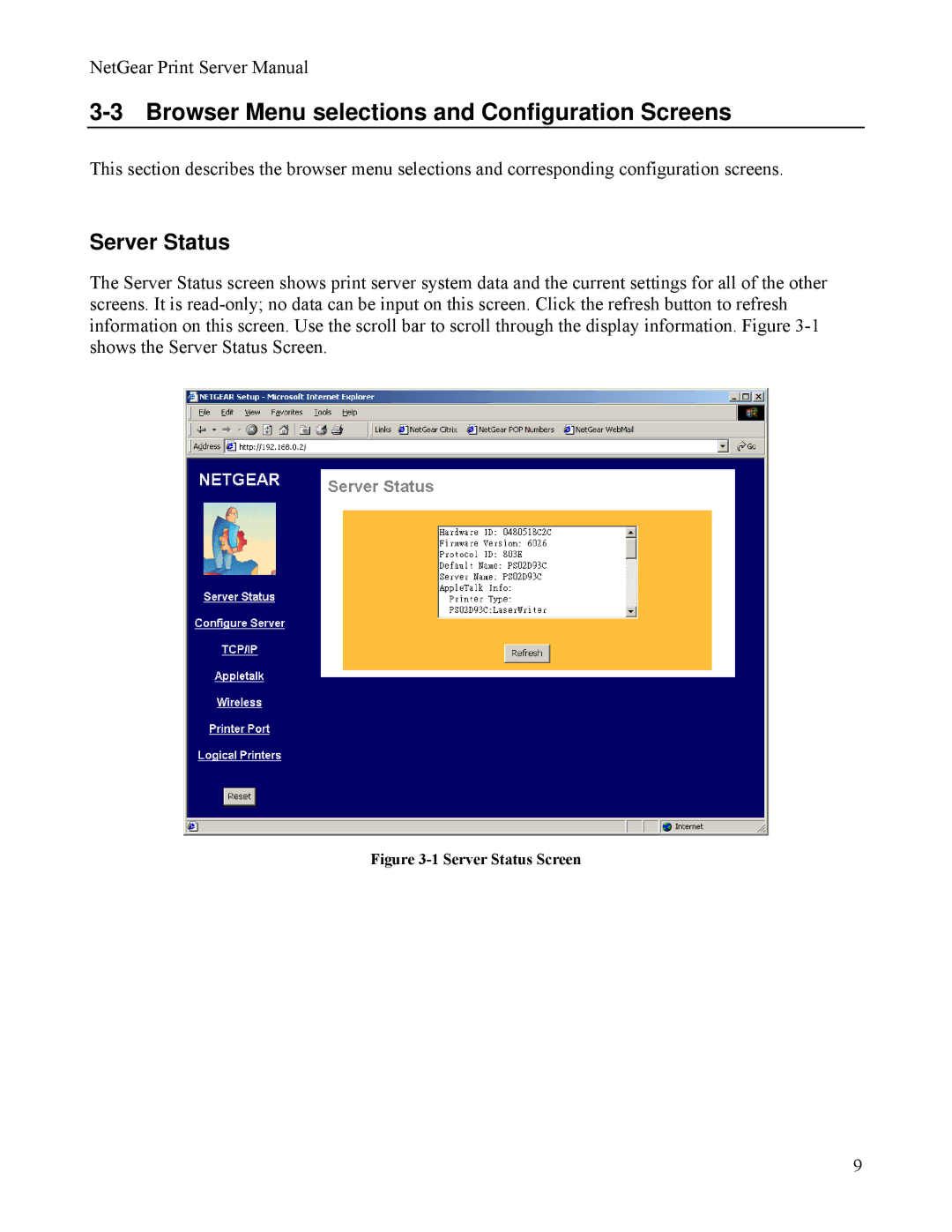 NETGEAR PS111W manual Browser Menu selections and Configuration Screens, Server Status 