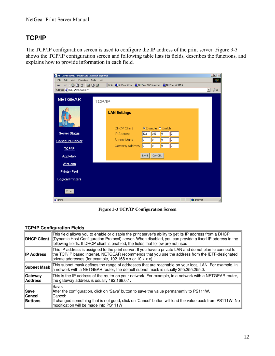 NETGEAR PS111W manual Tcp/Ip, TCP/IP Configuration Fields 