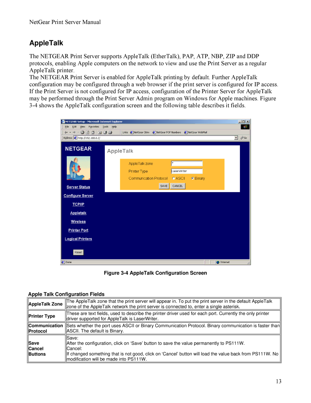 NETGEAR PS111W manual AppleTalk, Apple Talk Configuration Fields 