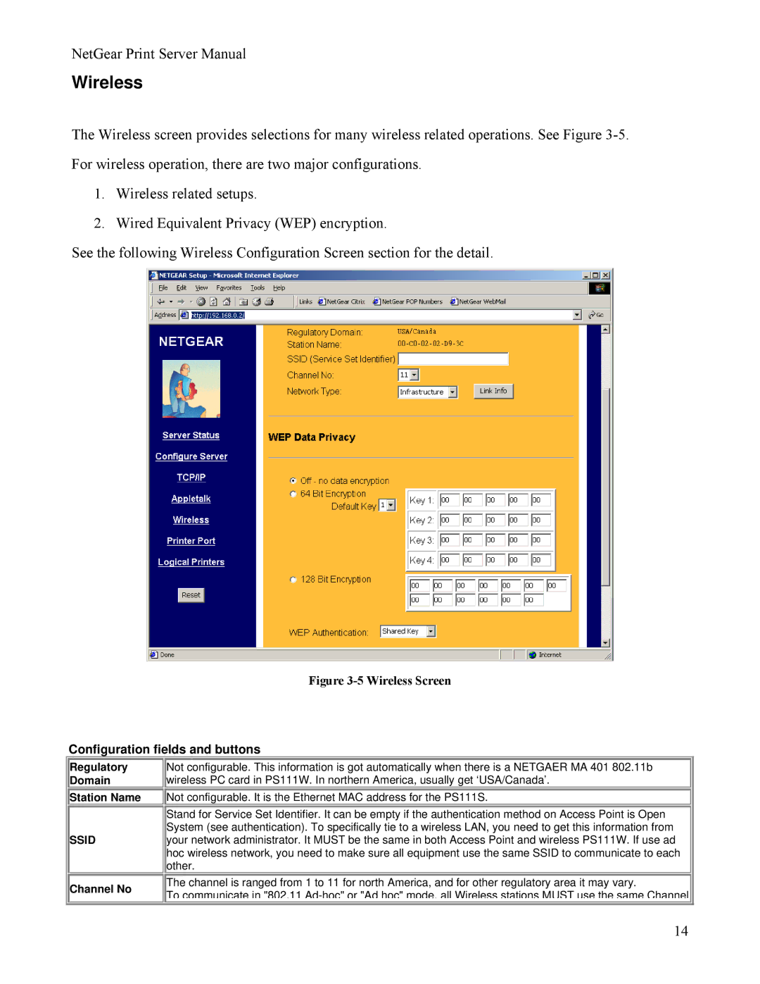 NETGEAR PS111W manual Wireless, Configuration fields and buttons, Regulatory Domain Station Name, Channel No 