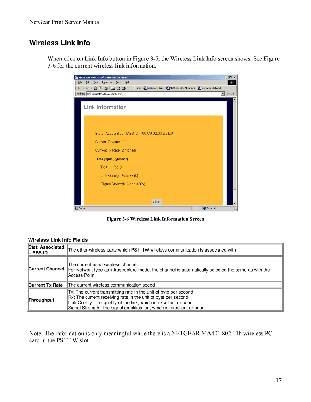 NETGEAR PS111W manual Wireless Link Info Fields, Stat Associated, Current Channel Current Tx Rate Throughput 