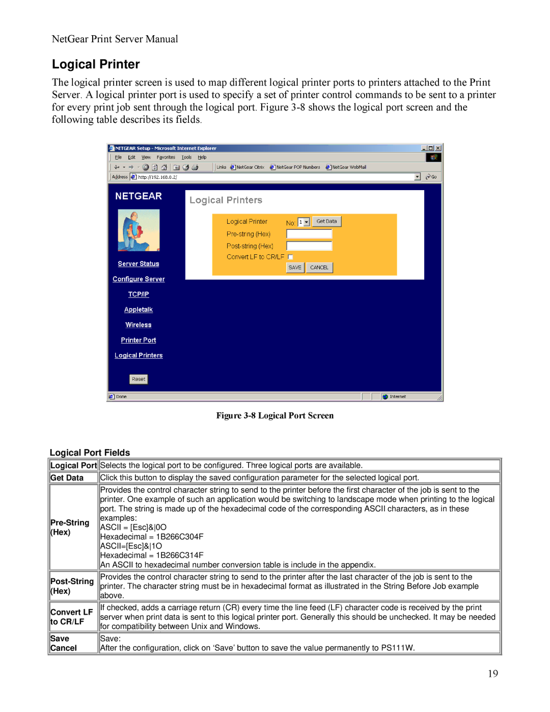 NETGEAR PS111W manual Logical Printer, Logical Port Fields 