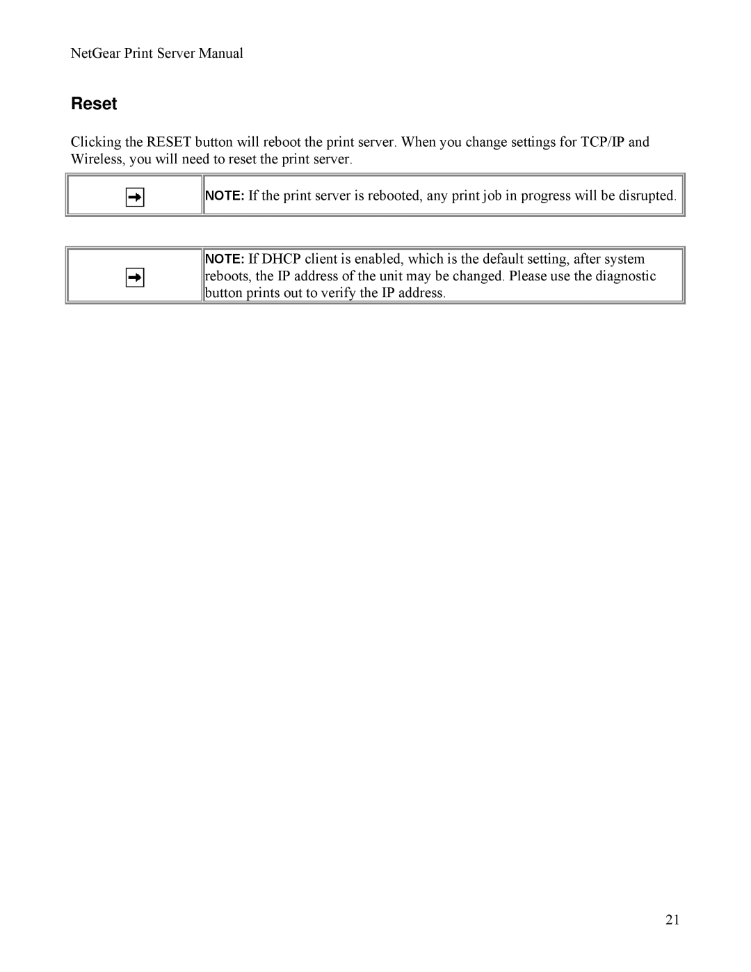 NETGEAR PS111W manual Reset 