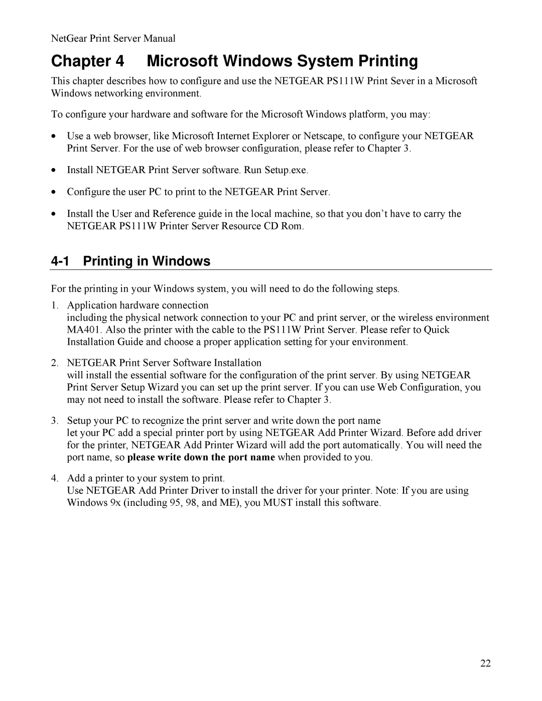 NETGEAR PS111W manual Microsoft Windows System Printing, Printing in Windows 