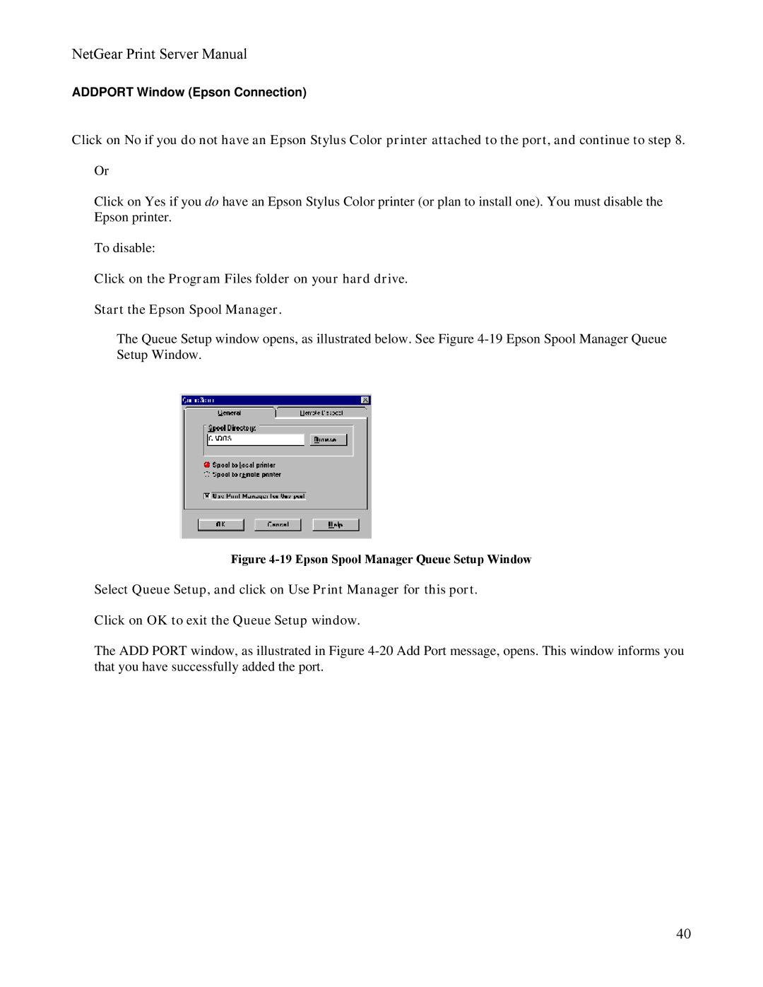 NETGEAR PS111W manual Addport Window Epson Connection, Epson Spool Manager Queue Setup Window 