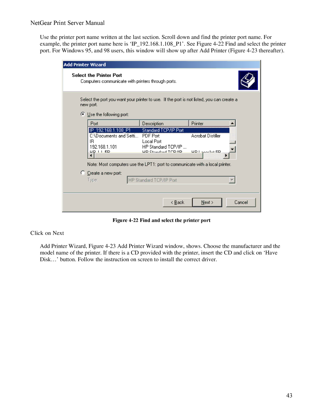 NETGEAR PS111W manual Find and select the printer port 