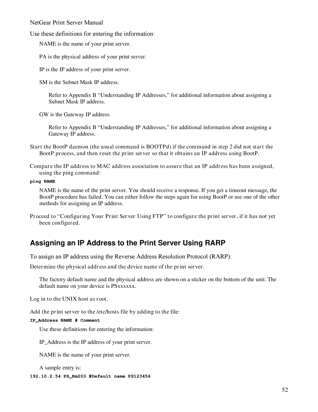 NETGEAR PS111W manual Assigning an IP Address to the Print Server Using Rarp 