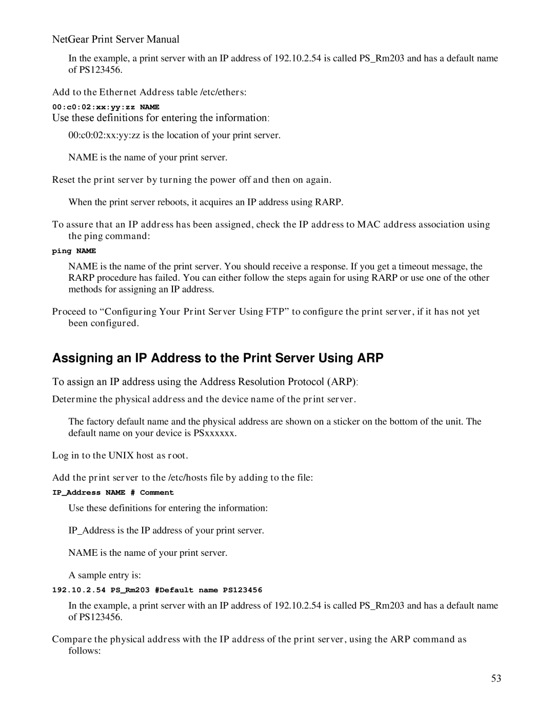 NETGEAR PS111W manual Assigning an IP Address to the Print Server Using ARP 