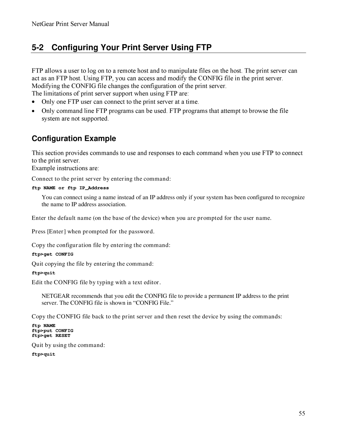 NETGEAR PS111W manual Configuring Your Print Server Using FTP, Configuration Example 