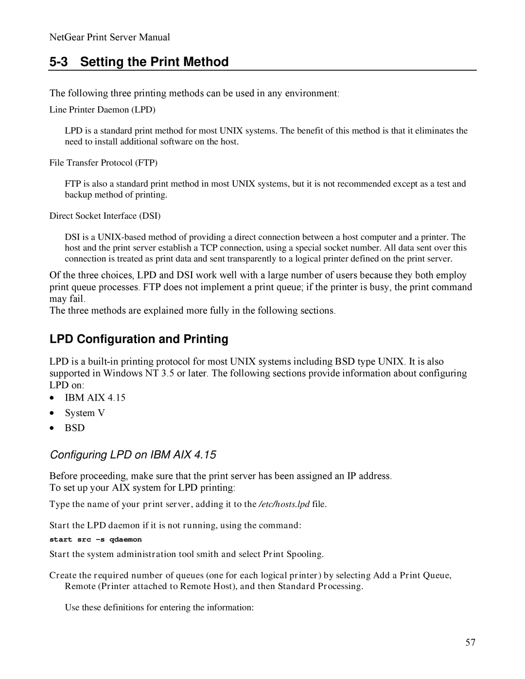 NETGEAR PS111W manual Setting the Print Method, LPD Configuration and Printing 