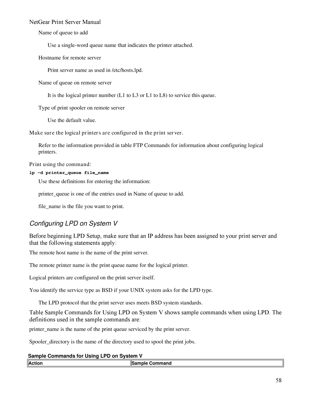 NETGEAR PS111W manual Sample Commands for Using LPD on System, Action Sample Command 