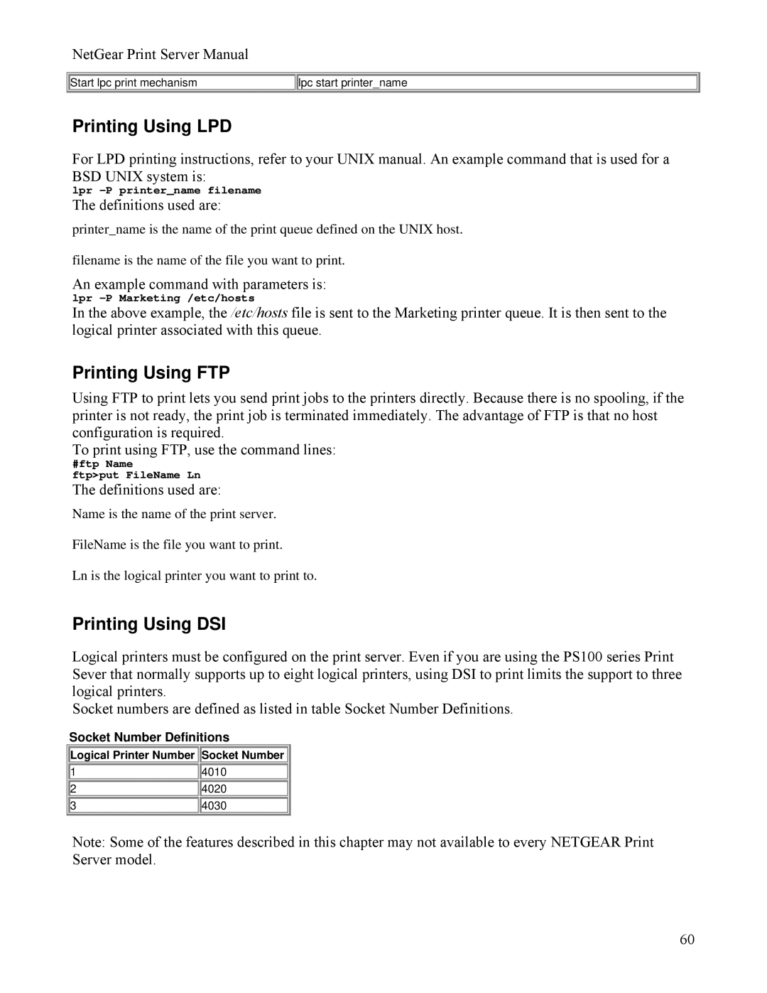 NETGEAR PS111W manual Printing Using LPD, Printing Using FTP, Printing Using DSI, Socket Number Definitions 