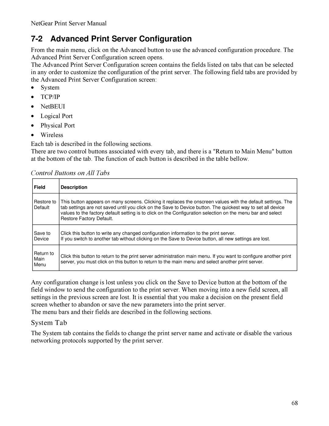 NETGEAR PS111W manual Advanced Print Server Configuration, System Tab, Field Description 