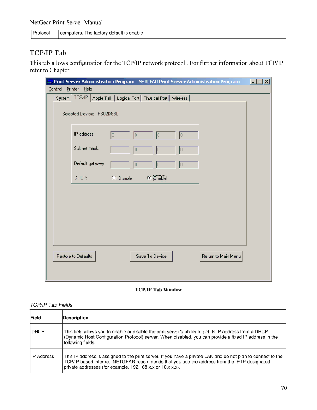 NETGEAR PS111W manual TCP/IP Tab Window 