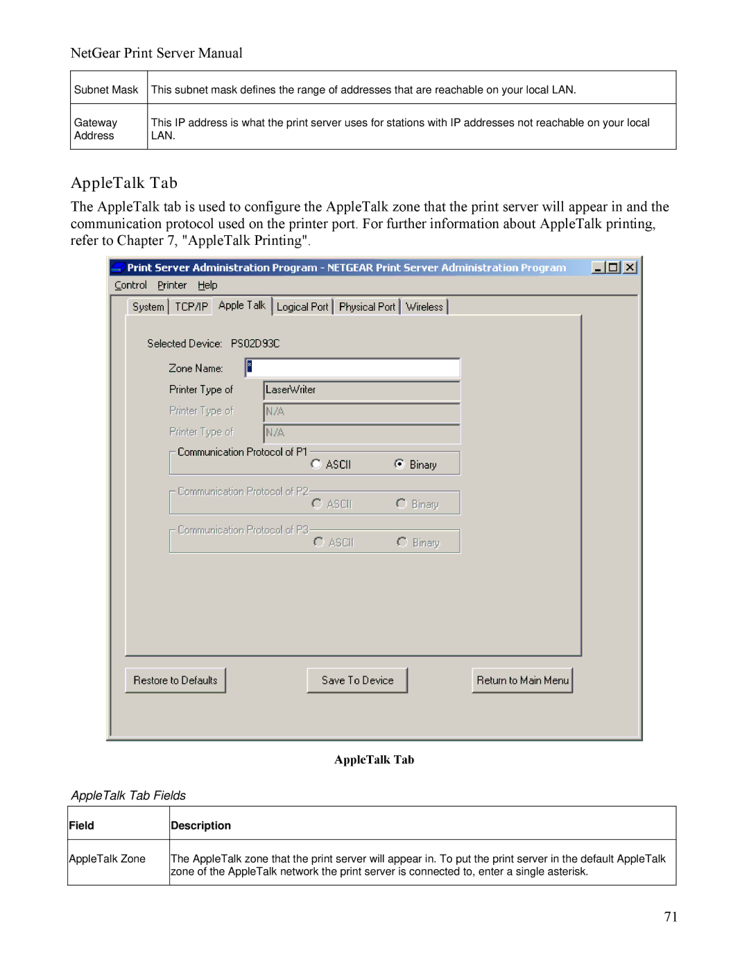 NETGEAR PS111W manual AppleTalk Tab 