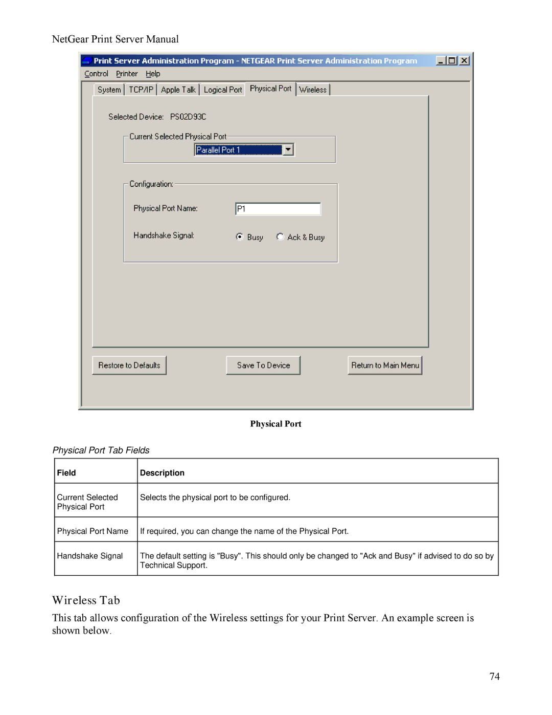 NETGEAR PS111W manual Wireless Tab, Physical Port 