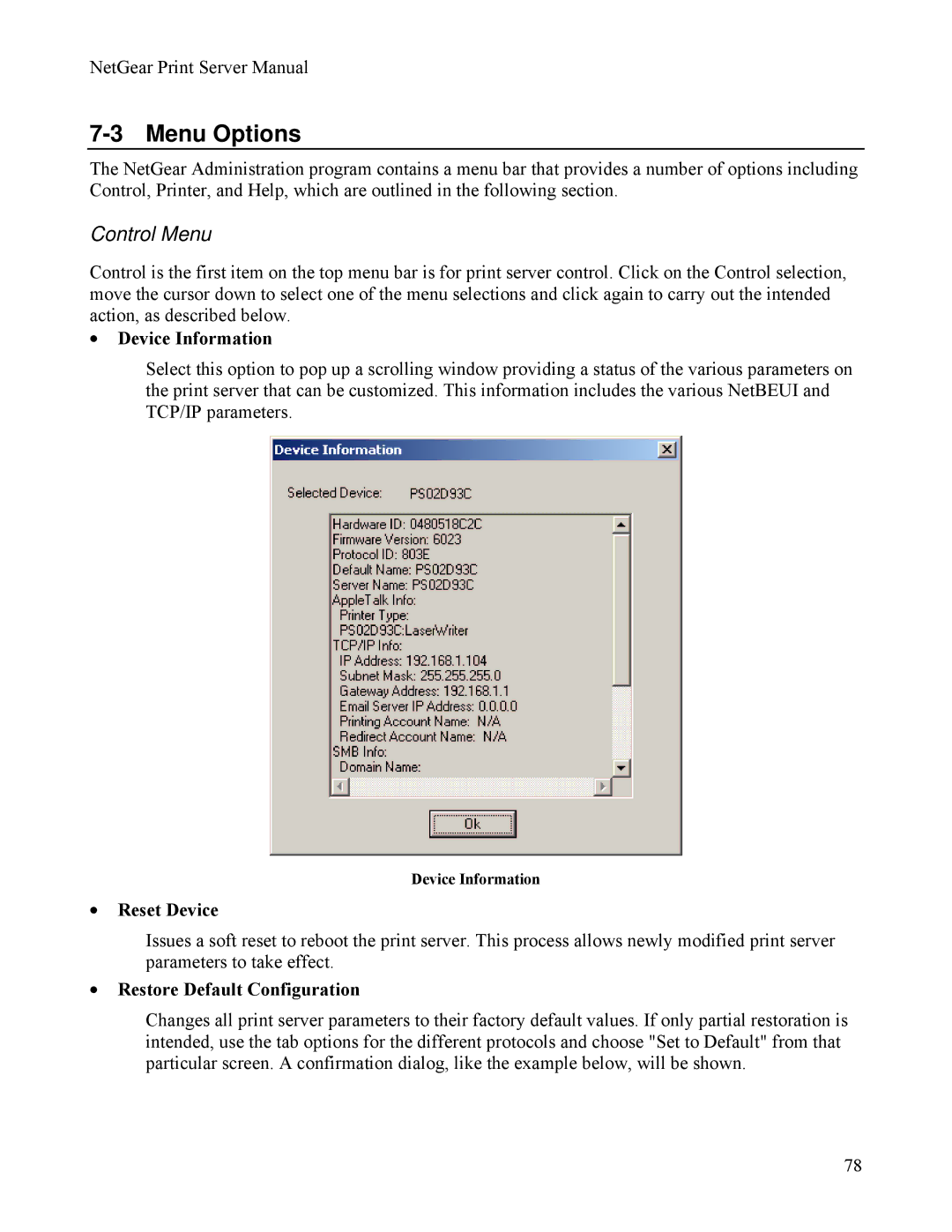 NETGEAR PS111W manual Menu Options, Control Menu 