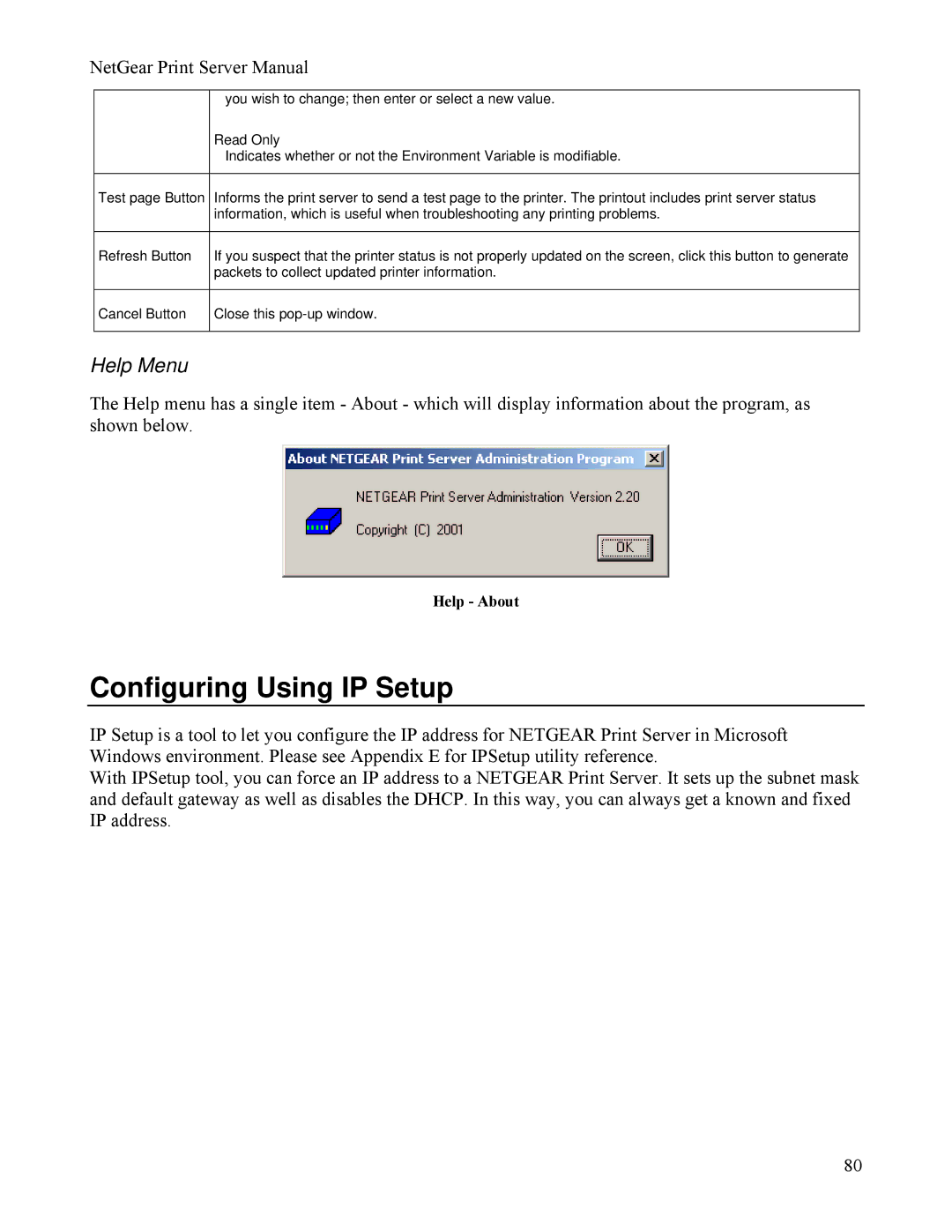 NETGEAR PS111W manual Configuring Using IP Setup, Help Menu 