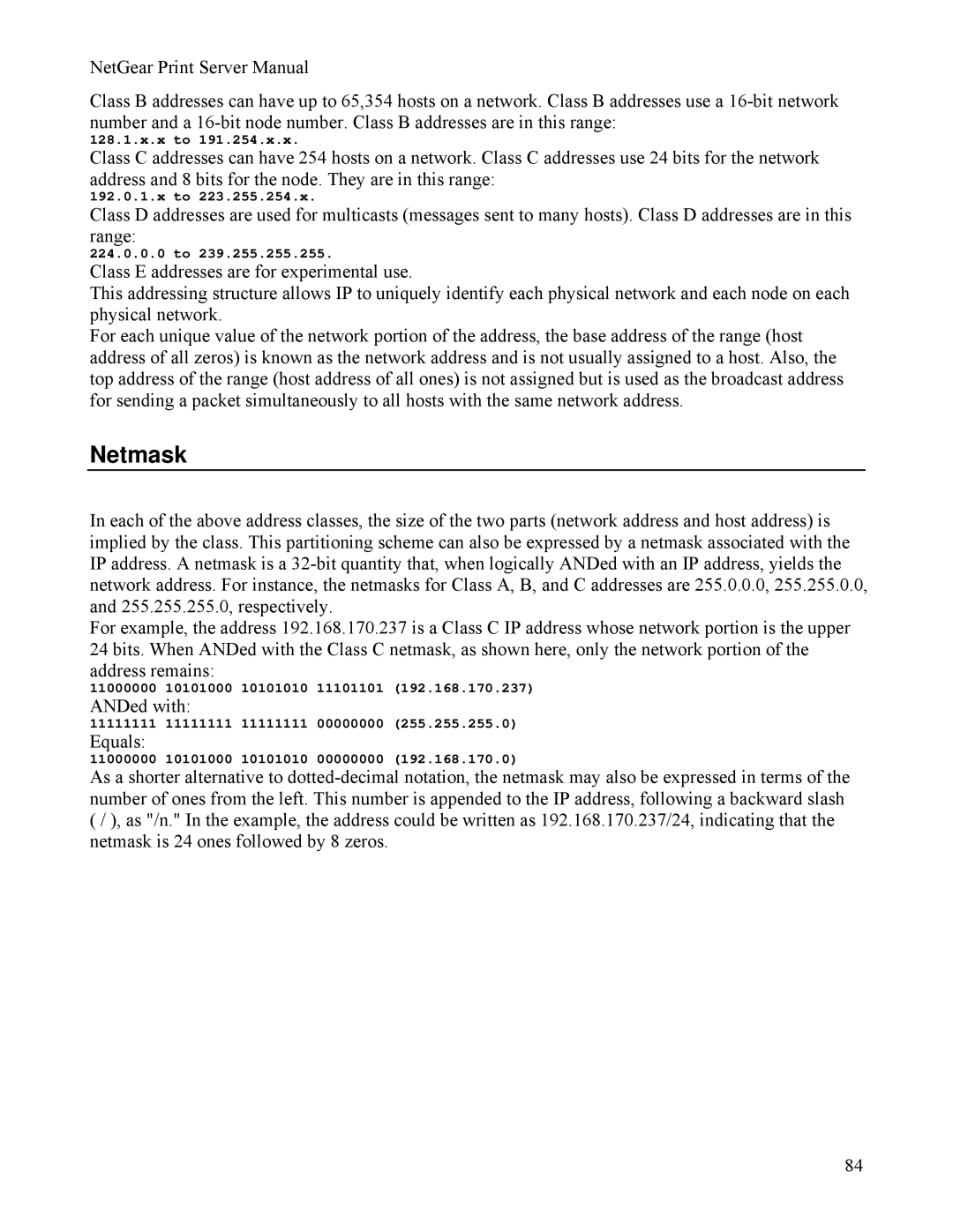 NETGEAR PS111W manual Netmask 