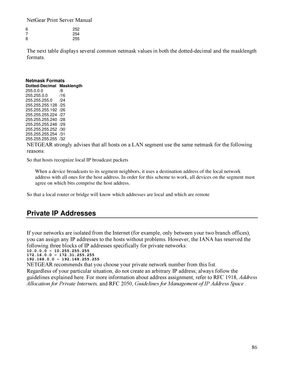 NETGEAR PS111W manual Private IP Addresses, Netmask Formats, Dotted-Decimal Masklength 