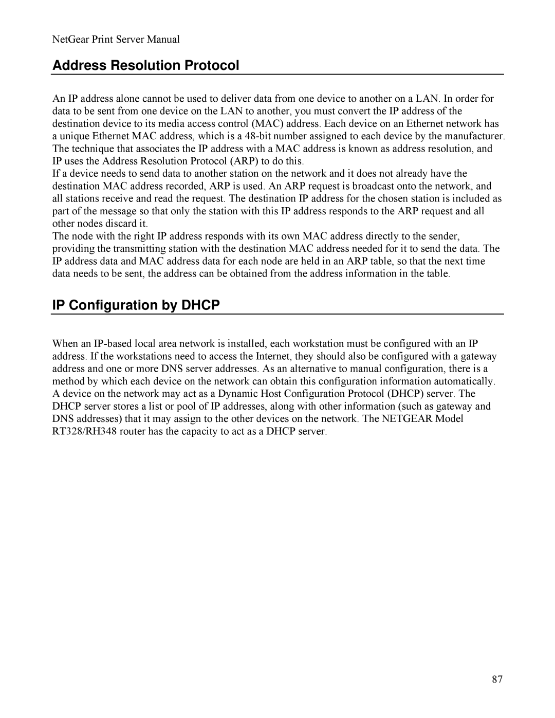 NETGEAR PS111W manual Address Resolution Protocol, IP Configuration by Dhcp 