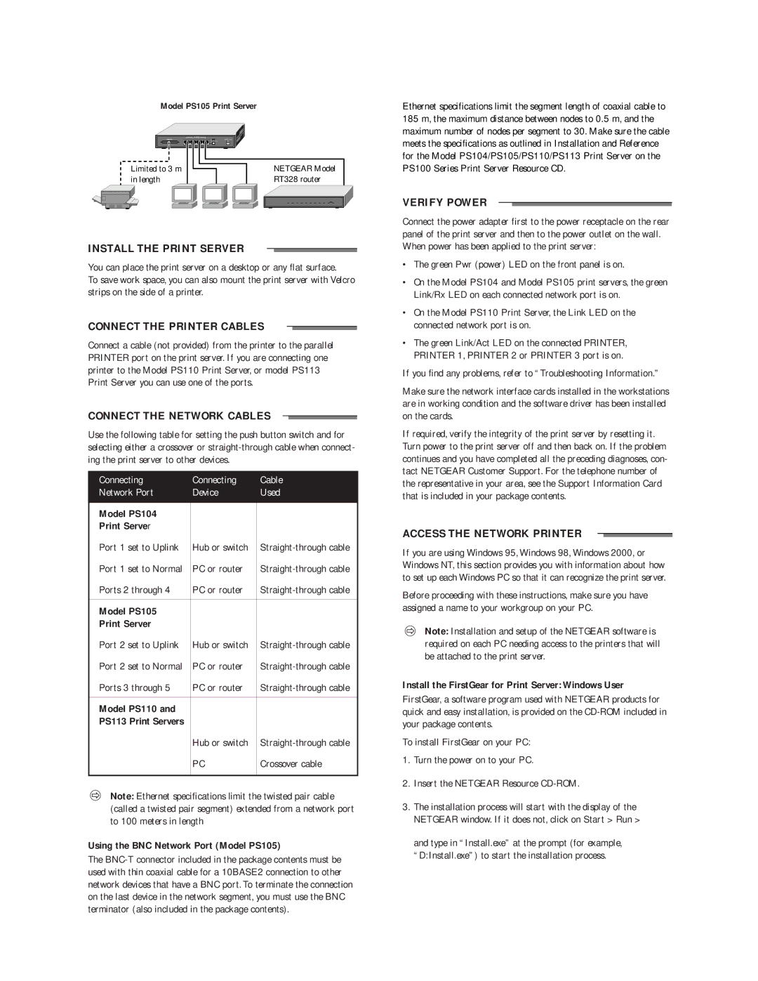 NETGEAR PS110, PS113, PS105 Install the Print Server, Connect the Printer Cables, Connect the Network Cables, Verify Power 