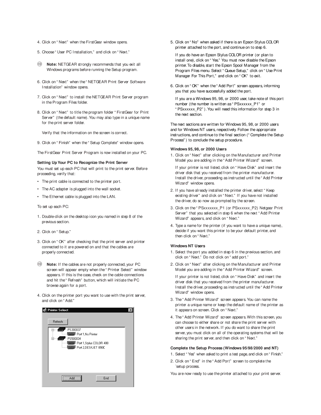 NETGEAR PS105, PS113 Setting Up Your PC to Recognize the Print Server, Windows 95, 98, or 2000 Users, Windows NT Users 