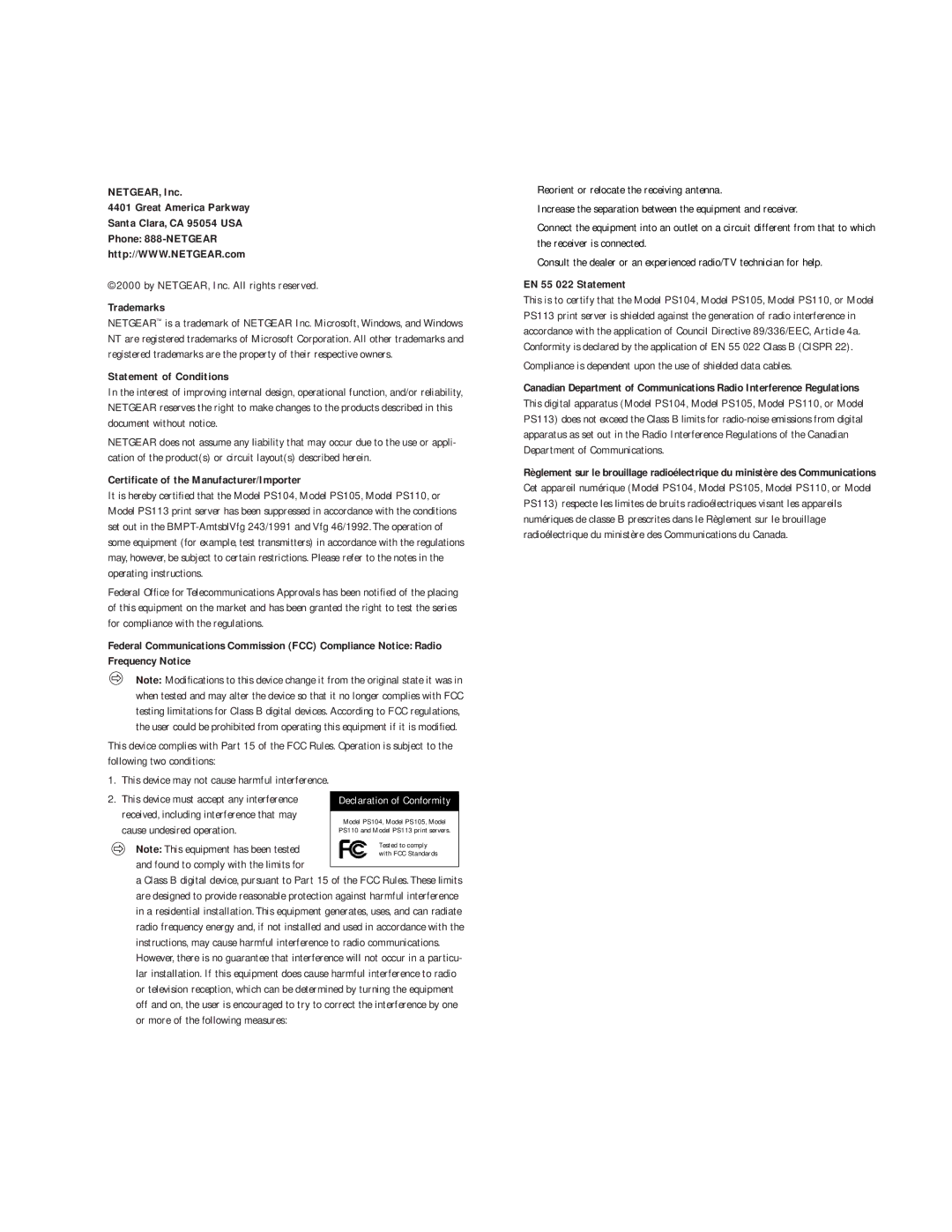 NETGEAR PS110, PS113, PS105 NETGEAR, Inc, Trademarks, Statement of Conditions, Certificate of the Manufacturer/Importer 