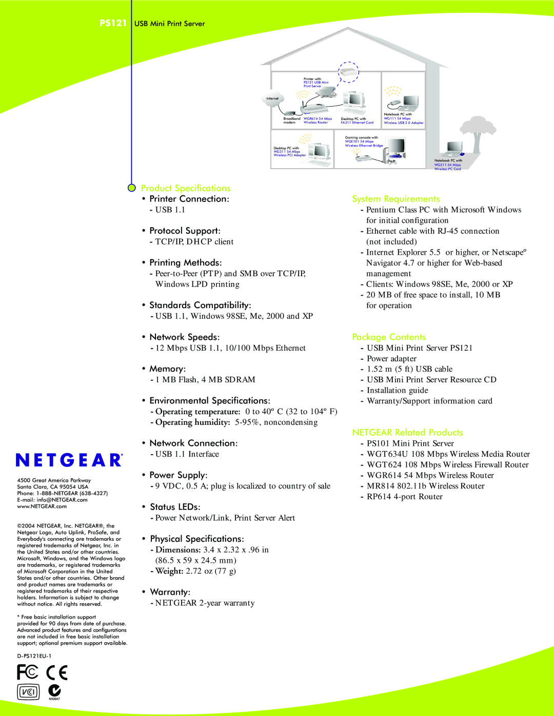 NETGEAR PS121 manual Product Specifications, System Requirements, Package Contents, Netgear Related Products 