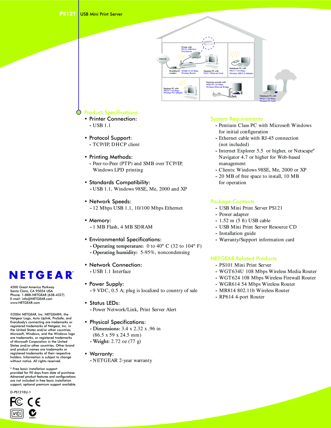 NETGEAR PS121 manual Product Specifications, System Requirements, Package Contents, Operating humidity 5-95%, noncondensing 