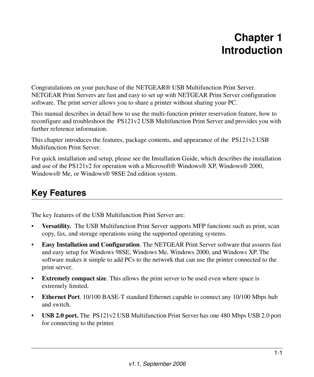 NETGEAR PS121v2 user manual Chapter Introduction, Key Features 